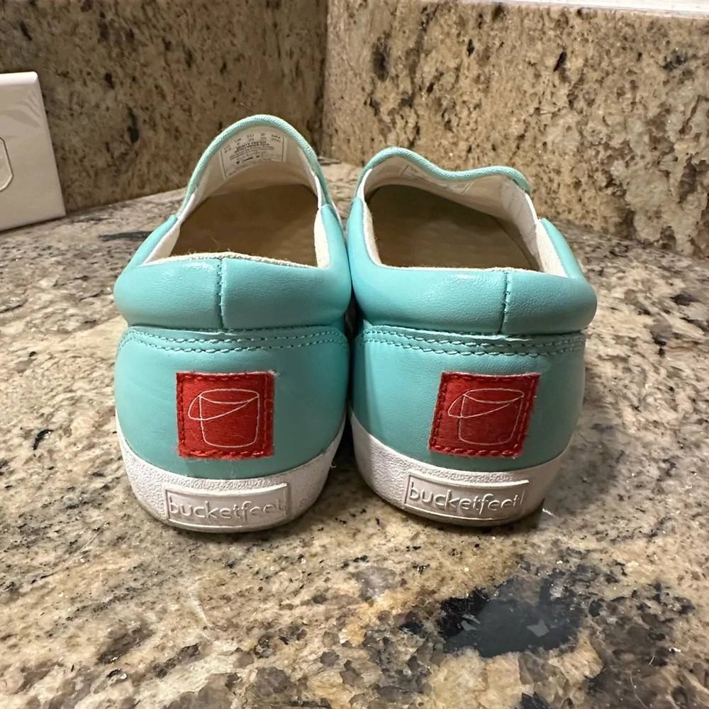 Bucket Feet canvas, and leather‎ Aqua and Gold Slip-On Shoes